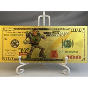 24k Gold Foil Buzz Lightyear Toy Story Banknote Disney Collectible $100 Bill